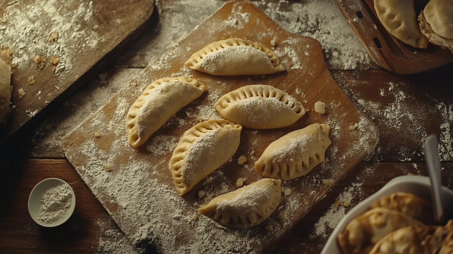 Zdjęcie ukazuje nieugotowane pierogi na desce pokrytej mąką